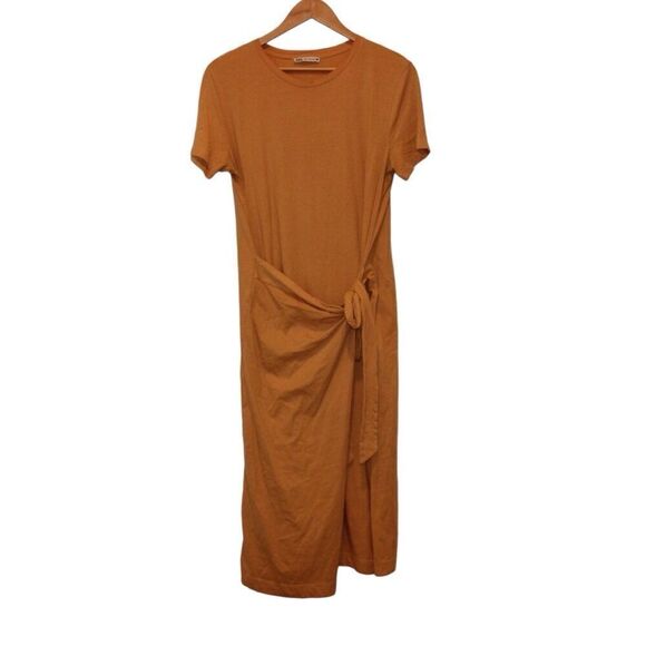 Zara Mustard yellow  Crew Neck Midi Dress with Tie-Waist Detail Womens Size L - Picture 1 of 9